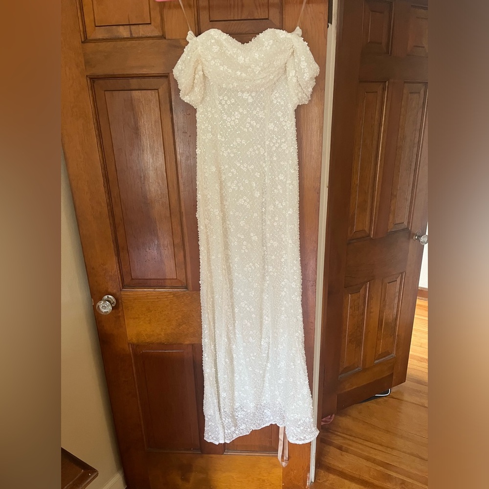 Meshki priyanka daisy beaded off shoulder wedding gown